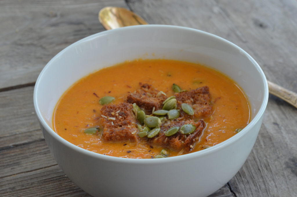 Spiced Creamy Tomato Coconut Soup with Homemade Croutons (Vegan + GF