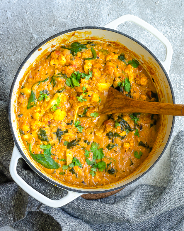 Creamy Roasted Cauliflower Red Lentil Curry with Spinach - Iamstufft