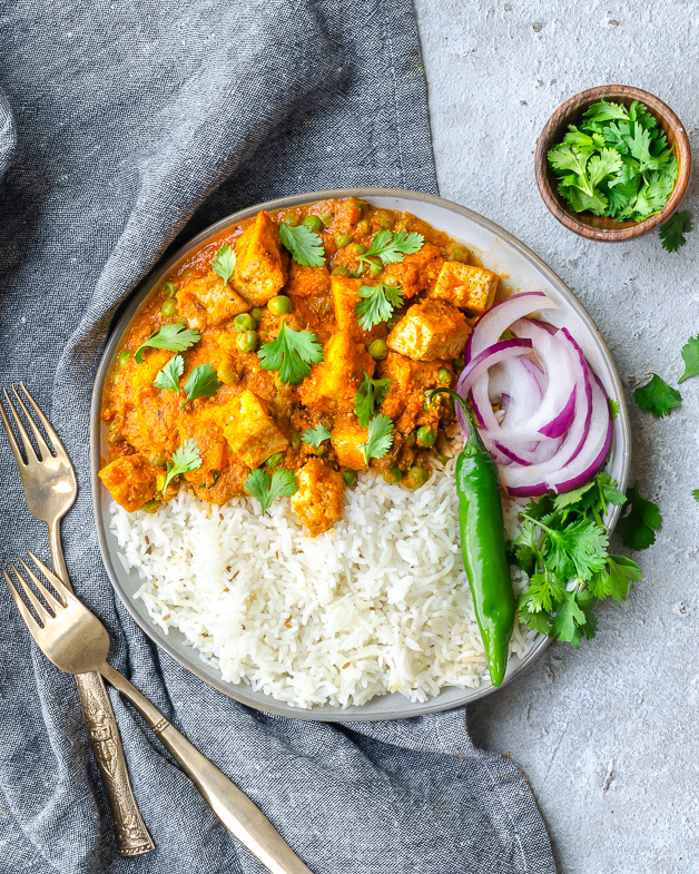 Vegan Mattar Paneer served with Basmati Rice