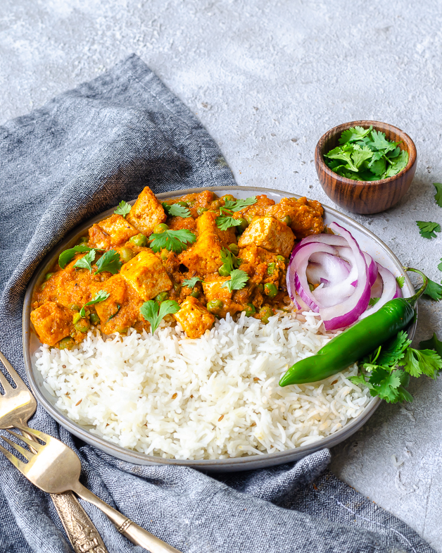 Tofu Mattar Paneer with basmati rice