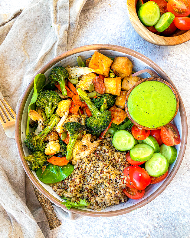 Roasted Vegetable Buddha Bowl with Green Tahini DRessing 